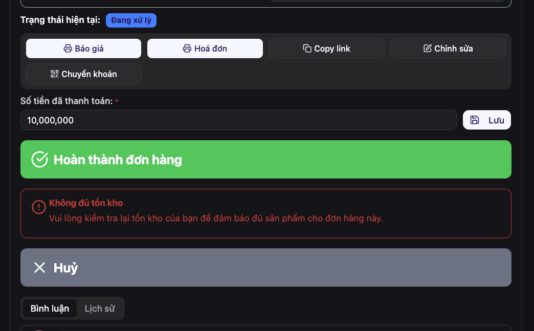 đơn hàng không thể hoàn thành nếu phụ tùng trong đơn không còn hàng trong kho