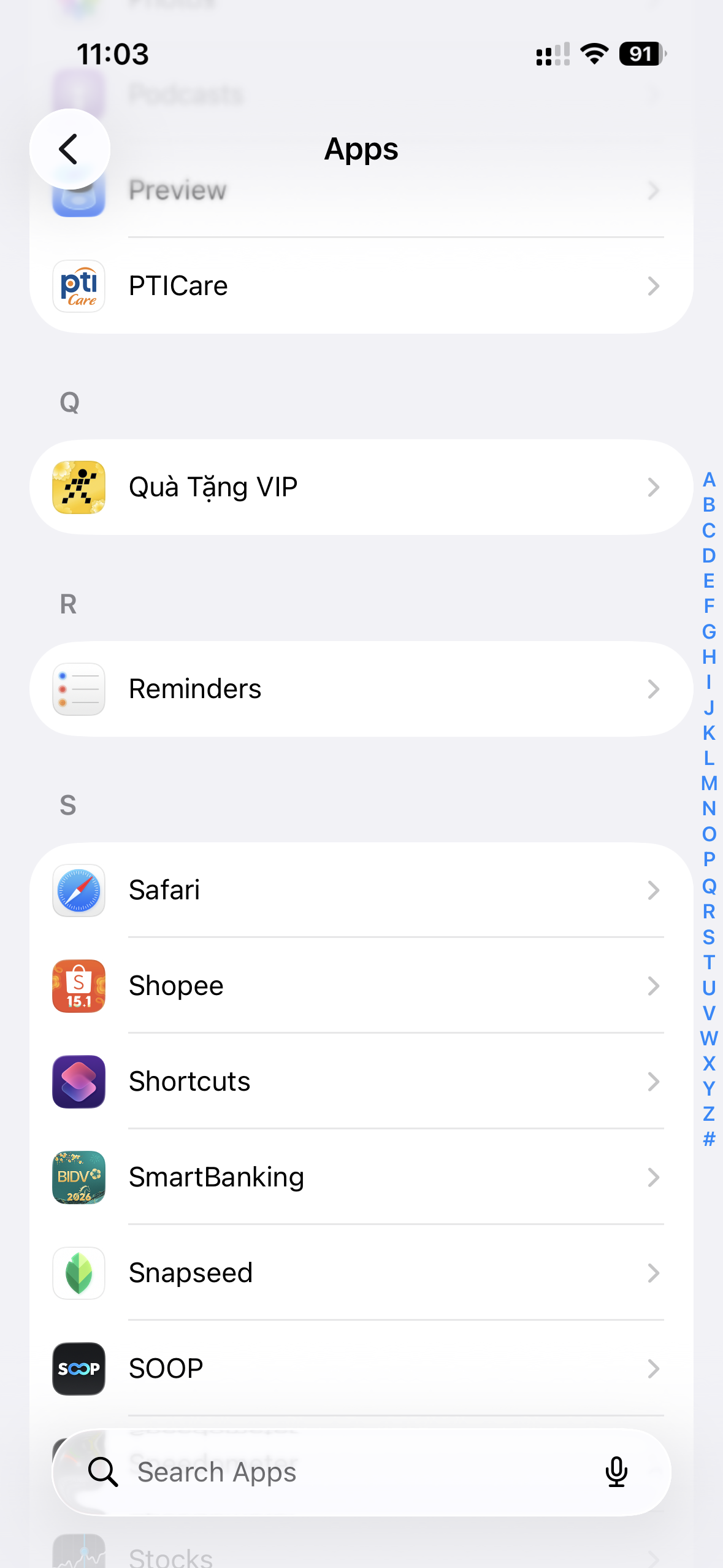 Chọn Safari trong cài đặt iPhone